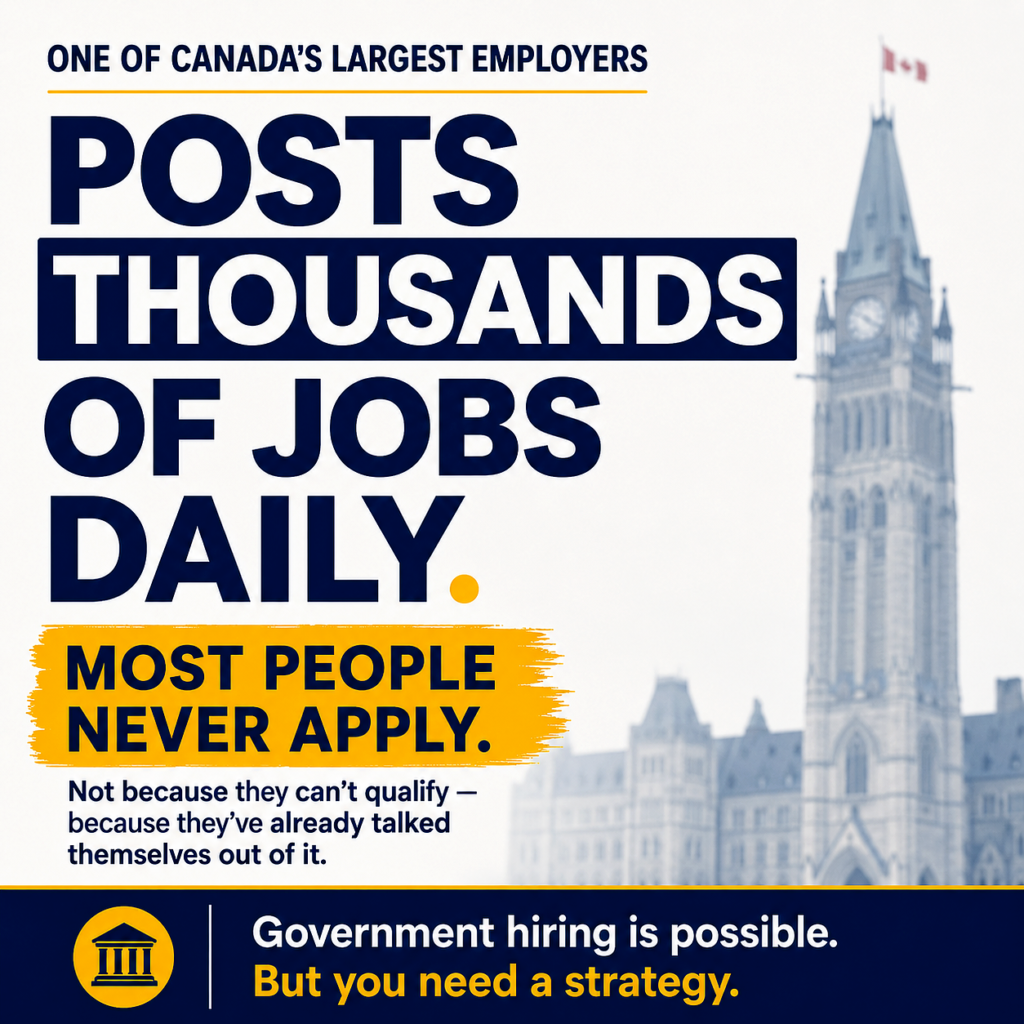 ALT:
Typographic poster about Canada government jobs, public-sector hiring, public service careers, structured hiring, government job search, resume tailoring, job applications, screening criteria, interview preparation, and career growth. The message says one of Canada’s largest employers posts thousands of jobs daily, but most people never apply because they talk themselves out of it.
