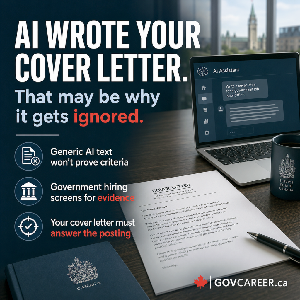 Square LinkedIn image for GOVCAREER.ca showing a professional dark blue Canadian public-sector office scene with a laptop using an AI assistant to draft a government job cover letter, printed application documents on a desk, institutional icons, and bold headline text saying “AI wrote your cover letter. That may be why it gets ignored.” The image explains that generic AI text may not prove criteria, government hiring screens for evidence, and a cover letter must answer the posting. The visual connects AI cover letter writing, resume writing, resume tailoring, government job applications, public sector jobs, public-sector hiring, structured hiring, merit-based hiring, screening criteria, job posting requirements, structured interviews, interview preparation, public service careers, Canada, Ontario, Toronto, GTA, Ottawa, federal government jobs, provincial government jobs, and municipal jobs for applicants trying to improve applications.