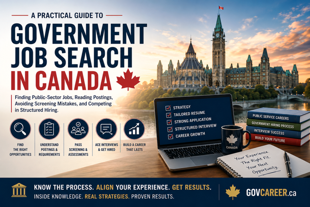 Government job search in Canada guide with Parliament background, resume checklist, interview icons, and public-sector hiring strategy visuals.