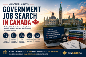 Government job search in Canada guide with Parliament background, resume checklist, interview icons, and public-sector hiring strategy visuals.