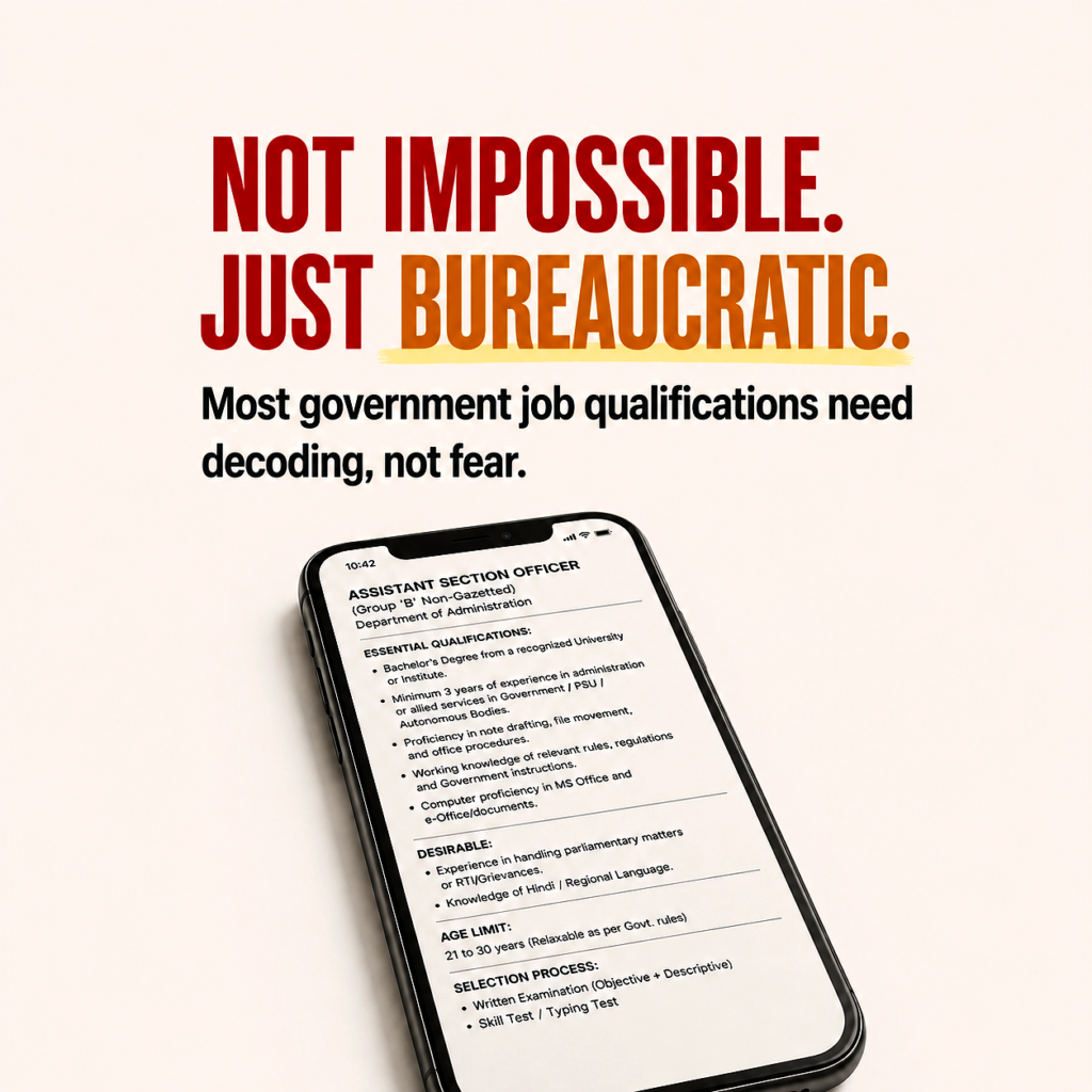 Graphic promoting the idea that government job qualifications are often misunderstood rather than impossible. Large bold text reads: ‘NOT IMPOSSIBLE. JUST BUREAUCRATIC.’ with the word ‘bureaucratic’ highlighted in orange. Subheading says: ‘Most government job qualifications need decoding, not fear.’ Below the text is a smartphone displaying a dense government-style job posting with formal qualification requirements and selection criteria. Clean minimalist background with a professional, modern design