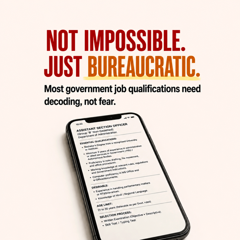 Graphic promoting the idea that government job qualifications are often misunderstood rather than impossible. Large bold text reads: ‘NOT IMPOSSIBLE. JUST BUREAUCRATIC.’ with the word ‘bureaucratic’ highlighted in orange. Subheading says: ‘Most government job qualifications need decoding, not fear.’ Below the text is a smartphone displaying a dense government-style job posting with formal qualification requirements and selection criteria. Clean minimalist background with a professional, modern design