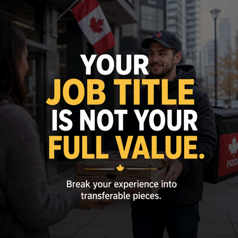 AI-generated LinkedIn image showing a pizza delivery worker handing pizza boxes to a customer on a Canadian urban street, with a Canadian flag in the background and bold headline text reading “Your job title is not your full value.” The image supports a government job search message about transferable skills, resume tailoring, and creating more entry points into public sector jobs. It visually explains that experience from everyday work, including driving, route planning, customer service, payment handling, following procedures, working under pressure, communication, logistics, and operations support, can be relevant to government jobs, public-sector hiring, municipal jobs, provincial government jobs, federal government jobs, structured hiring, merit-based hiring, screening criteria, government job applications, resume writing, interview preparation, and public service careers in Canada, Ontario, Toronto, GTA, and Ottawa.