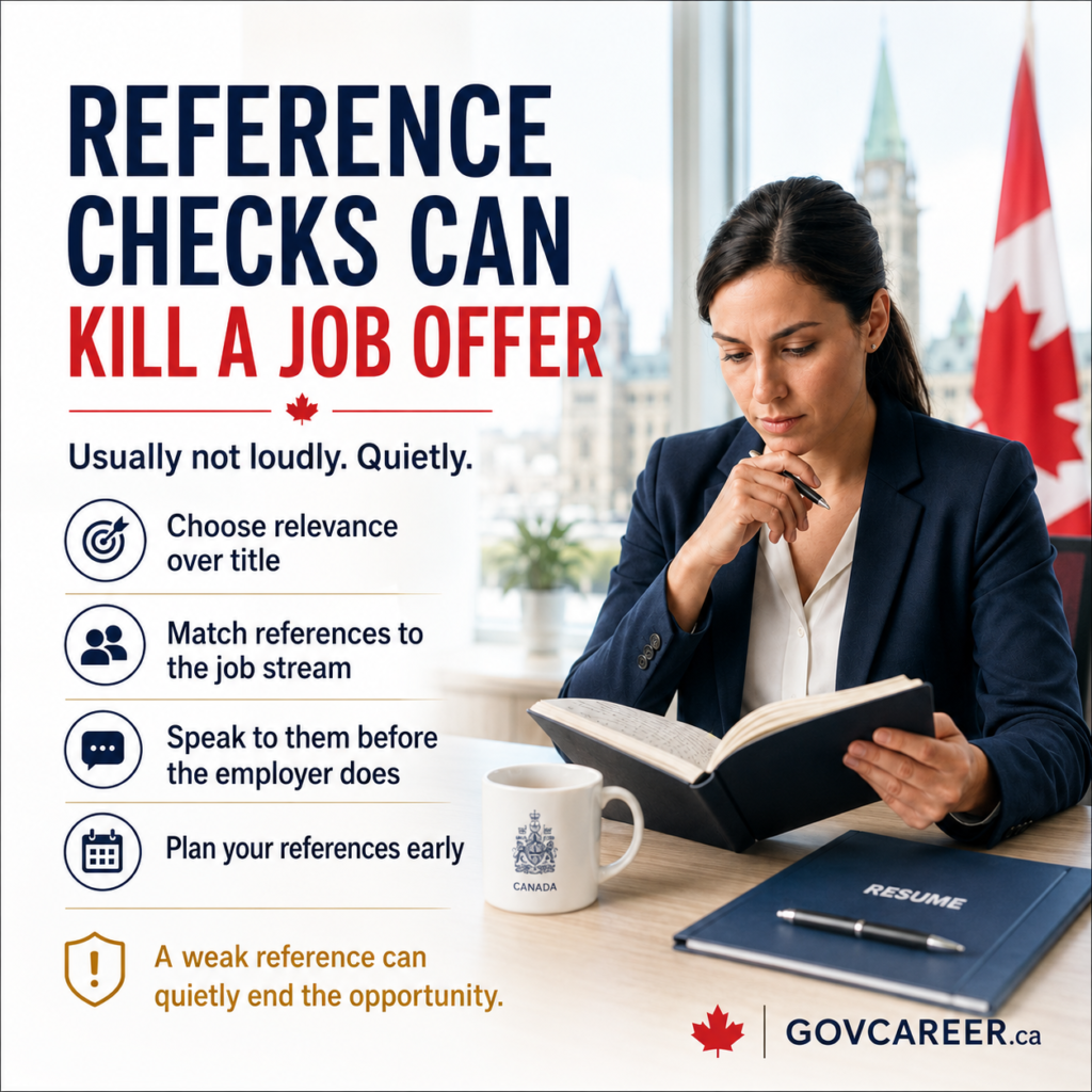 A square GOVCAREER.ca LinkedIn image shows a bright, professional public-sector office scene with a serious candidate reviewing documents while reference-check notes and application materials sit on the desk. The clean light background creates an authoritative Canadian workplace atmosphere without looking like a generic infographic. The headline emphasizes that reference checks can quietly kill a job offer, supporting a post about why candidates should plan references before interviews and match references to the job stream. The image connects to government jobs, public sector jobs, public-sector hiring, structured hiring, merit-based hiring, government job applications, screening criteria, resume tailoring, resume writing, job posting requirements, structured interviews, interview preparation, public service careers, Canada, Ontario, Toronto, GTA, Ottawa, federal government jobs, provincial government jobs, municipal jobs, reference checks, job offers, and career strategy.