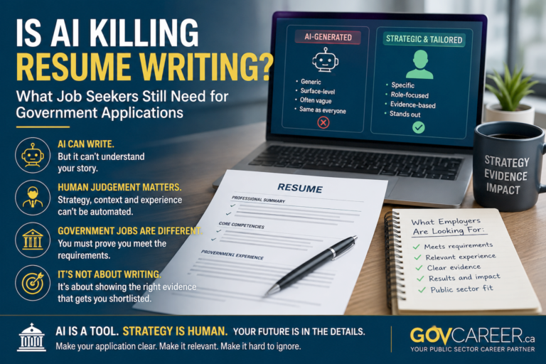 Wide blog header image for GOVCAREER.ca about whether AI is killing resume writing, showing a modern professional desk with a laptop, resume document, notebook, and dark blue institutional design elements. The headline asks, “Is AI Killing Resume Writing?” with “Resume Writing” highlighted in yellow, while supporting text explains that job seekers still need strategy for government applications. The image contrasts AI-generated resumes with strategic and tailored public-sector application development, emphasizing that AI can write but cannot fully understand a candidate’s story, screening criteria, job posting requirements, evidence, context, or public-sector fit. Visual bullets highlight resume tailoring, government jobs, public sector jobs, structured hiring, merit-based hiring, government job applications, interview preparation, Canadian public service careers, federal government jobs, provincial government jobs, municipal jobs, Ontario jobs, Toronto jobs, Ottawa jobs, and the importance of human judgement in resume writing.