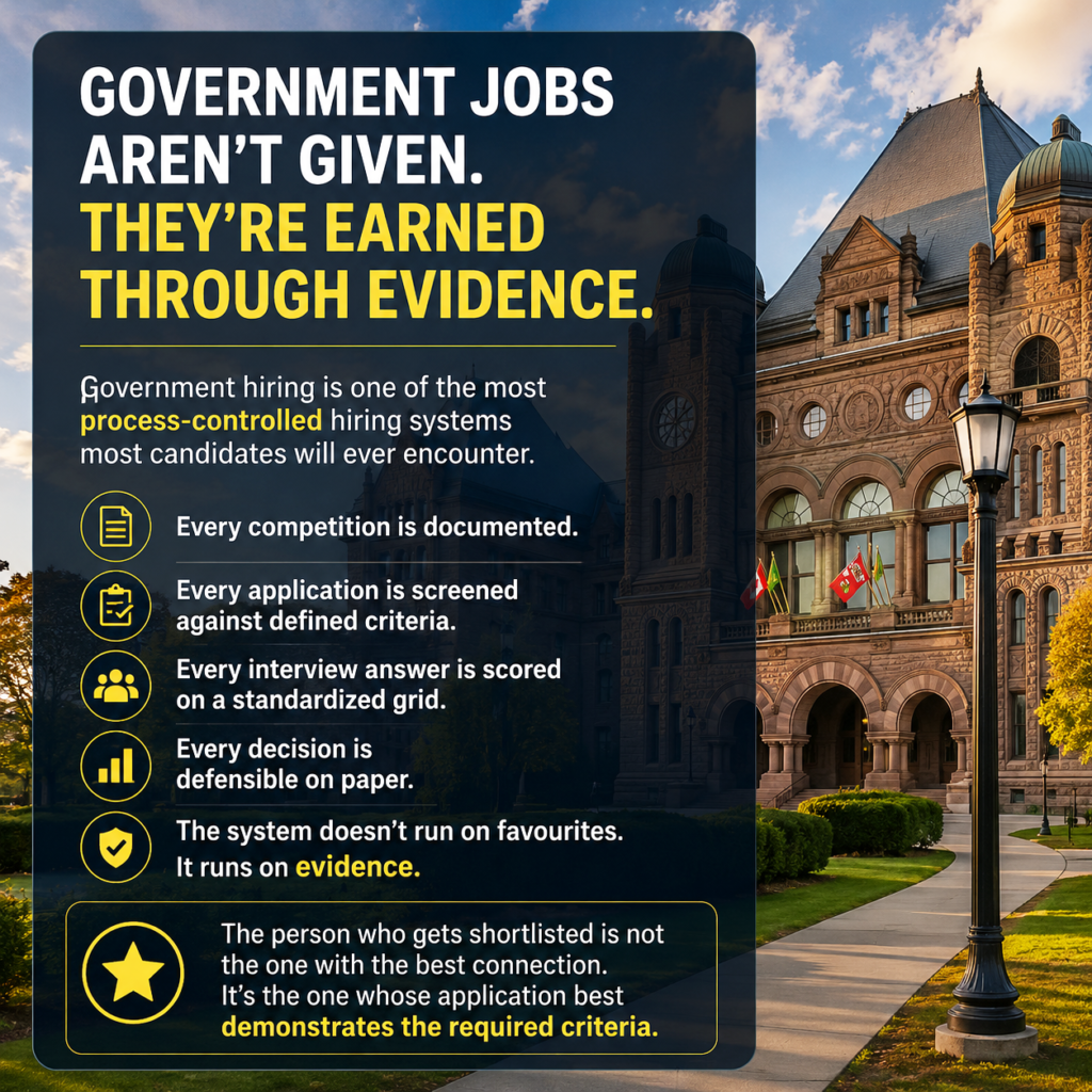 Photorealistic square blog image for GOVCAREER.ca showing a Canadian public-sector hiring theme with a historic government-style building in warm daylight and a strong text overlay placed safely away from the image edges. The headline says, “Government jobs aren’t given. They’re earned through evidence,” supporting a blog post about whether government jobs are already spoken for and why qualified candidates should still apply. The visual communicates structured hiring, merit-based hiring, documented competitions, screening criteria, government applications, resume tailoring, structured interviews, interview preparation, and evidence-based public-sector evaluation. The semi-transparent overlay keeps the civic architecture visible while making the caption clear and readable. The image is relevant to government jobs in Canada, public sector jobs, federal government jobs, provincial jobs, municipal jobs, Ontario jobs, Toronto jobs, GTA jobs, Ottawa jobs, and public service careers.
