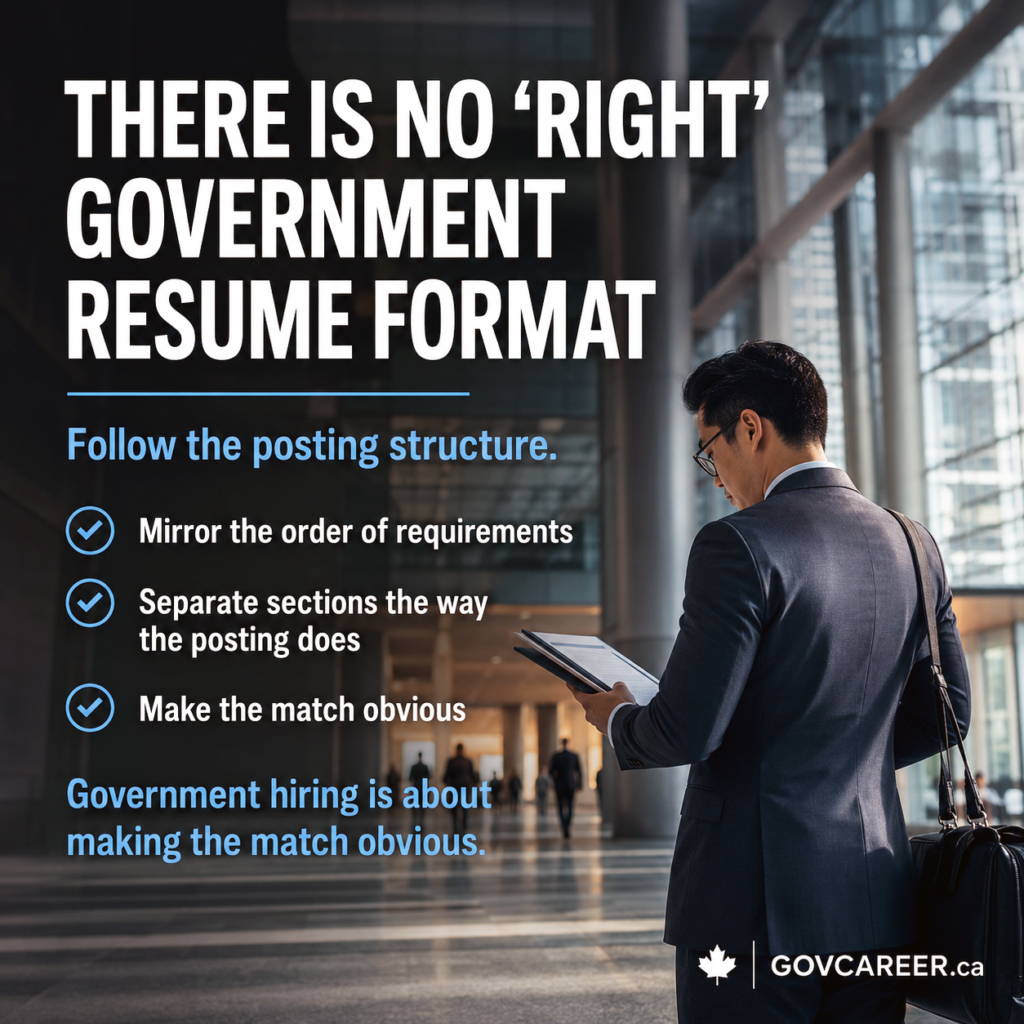 Square LinkedIn image for GOVCAREER.ca showing a cinematic, photorealistic public-sector atrium with glass walls, tall columns, strong depth, and a professional applicant reviewing a blurred document in a serious government-style workplace. Large white headline text says “There is no ‘right’ government resume format,” with blue accent text: “Follow the posting structure.” The image includes three checklist points: mirror the order of requirements, separate sections the way the posting does, and make the match obvious. The visual supports a post about government job applications, public sector jobs, structured hiring, merit-based hiring, resume tailoring, resume writing, job posting requirements, screening criteria, and public service careers. The design uses strong contrast, blue check icons, and GOVCAREER.ca branding, connecting government jobs in Canada, Ontario, Toronto, GTA, Ottawa, federal government jobs, provincial government jobs, municipal jobs, and interview preparation.