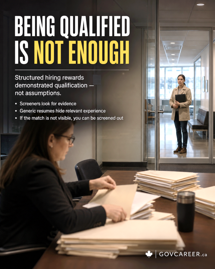 Photorealistic GOVCAREER.ca LinkedIn image showing a structured government hiring review scene inside a Canadian public-sector office. A screening reviewer sits at a table reviewing folders and application files while a qualified applicant waits behind glass doors, emphasizing that being qualified is not enough if a resume does not clearly prove demonstrated qualification. The image headline reads “Being Qualified Is Not Enough,” with supporting text about structured hiring, evidence, generic resumes, and visible match to screening criteria. The visual supports government jobs, public sector jobs, public-sector hiring, structured hiring, merit-based hiring, government job applications, resume tailoring, screening criteria, job posting requirements, Canada jobs, Ontario jobs, Toronto jobs, municipal jobs, provincial government jobs, federal government jobs, public service careers, and why applications must show clear evidence to hiring panels. Generated by an AI tool.