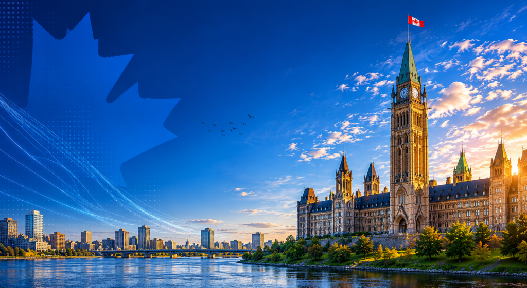Canadian Parliament Buildings in Ottawa beside the Ottawa River, with the Peace Tower, Canadian flag, city skyline, blue maple leaf graphic, and modern digital lines. The image represents government jobs, Canadian public-sector careers, Ontario public service opportunities, municipal employment, federal government hiring, resume support, application preparation, structured interviews, and career growth.