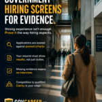 Vertical LinkedIn graphic for GOVCAREER.ca showing a realistic Canadian public-sector interior with strong depth, long perspective, concrete columns, glass walls, natural light, and professionals moving through the space. A woman in practical business clothing stands in the foreground facing the corridor, creating a sense of direction and competition without looking staged. Large white and gold text reads “Government Hiring Screens for Evidence.” A short subhead explains that strong experience is not enough unless it is presented the way structured hiring expects. Four concise points highlight posted criteria, resume results, missing evidence, and clarity as a competitive advantage. The image supports content about government jobs in Canada, public-sector careers, structured hiring, merit-based hiring, resume tailoring, application evidence, screening criteria, interview preparation, qualification alignment, and internal career growth. GOVCAREER.ca branding appears at the bottom.