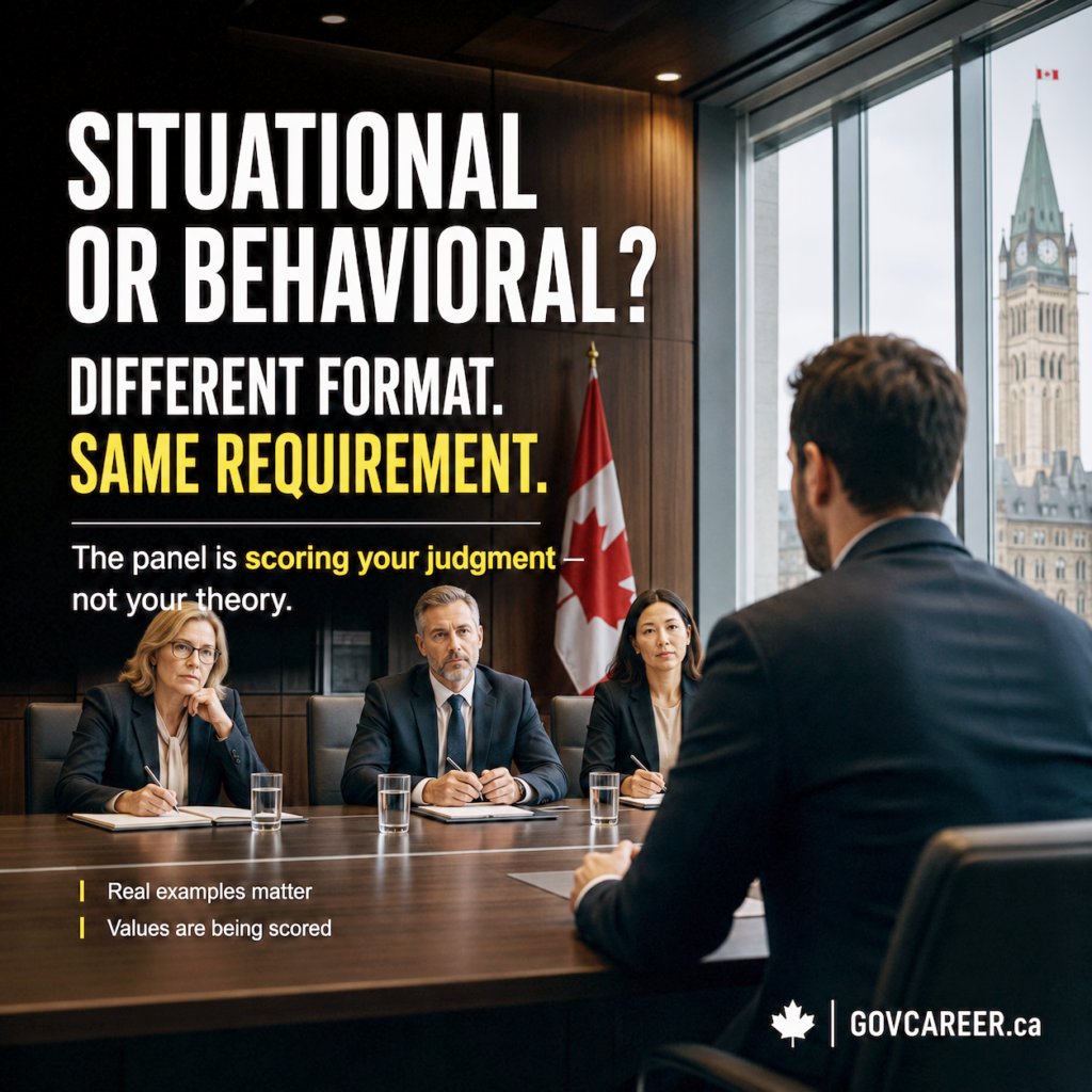 Square GOVCAREER.ca graphic showing a formal Canadian public-sector interview in a dark boardroom. A government job candidate sits with his back to the viewer, facing a three-person interview panel taking notes across a conference table. Large windows reveal civic architecture and subtle Canadian flags, creating a serious federal, provincial, or municipal hiring setting. Bold white and gold text reads, “SITUATIONAL OR BEHAVIORAL? DIFFERENT FORMAT. SAME REQUIREMENT.” A supporting line says the panel is scoring judgment, not theory. Smaller text notes that real examples matter and values are being scored. The image supports a blog post about government jobs in Canada, structured interviews, behavioral and situational interview questions, merit-based hiring, interview scoring, public-sector careers, interview preparation, screening criteria, accountability, integrity, service, collaboration, Ontario Public Service jobs, City of Toronto jobs, municipal jobs, and evidence-based answers.