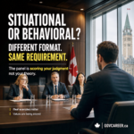 Square GOVCAREER.ca graphic showing a formal Canadian public-sector interview in a dark boardroom. A government job candidate sits with his back to the viewer, facing a three-person interview panel taking notes across a conference table. Large windows reveal civic architecture and subtle Canadian flags, creating a serious federal, provincial, or municipal hiring setting. Bold white and gold text reads, “SITUATIONAL OR BEHAVIORAL? DIFFERENT FORMAT. SAME REQUIREMENT.” A supporting line says the panel is scoring judgment, not theory. Smaller text notes that real examples matter and values are being scored. The image supports a blog post about government jobs in Canada, structured interviews, behavioral and situational interview questions, merit-based hiring, interview scoring, public-sector careers, interview preparation, screening criteria, accountability, integrity, service, collaboration, Ontario Public Service jobs, City of Toronto jobs, municipal jobs, and evidence-based answers.