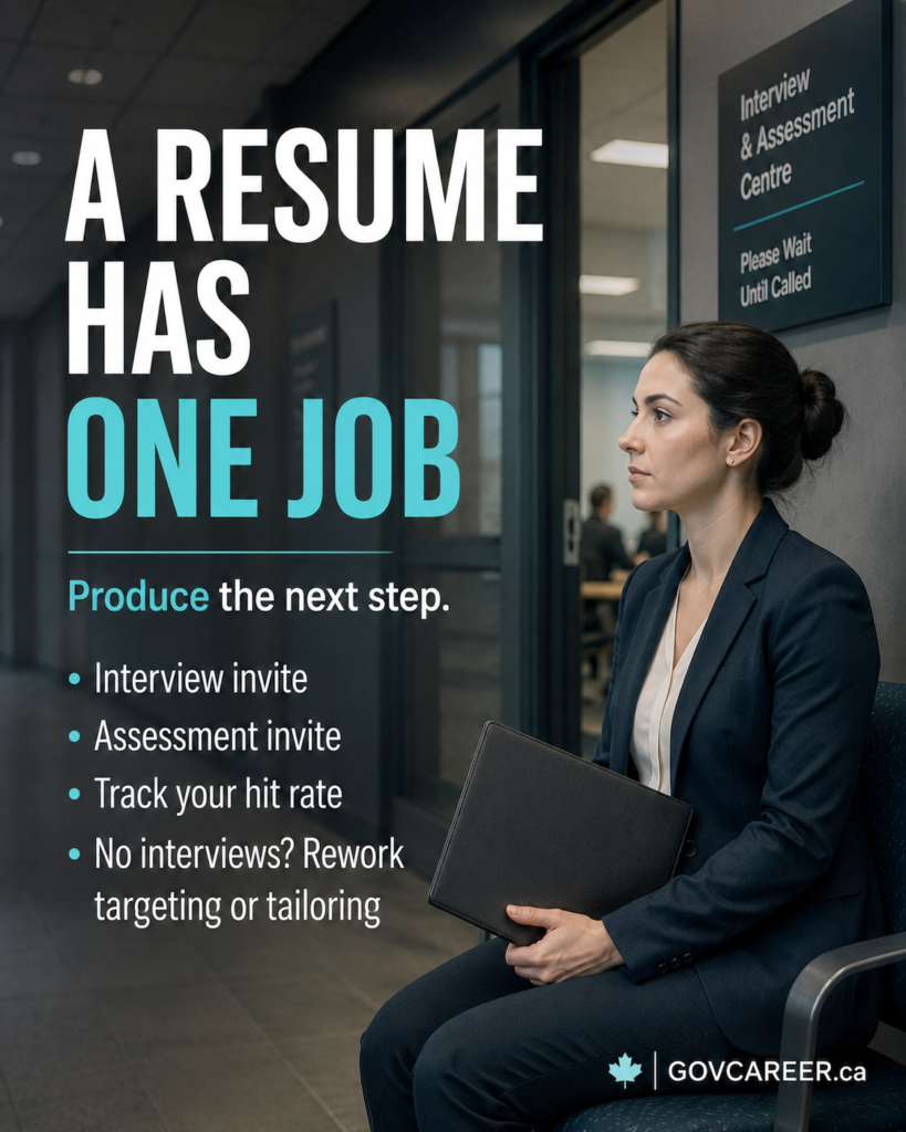 A photorealistic GOVCAREER.ca LinkedIn image shows a serious job applicant seated in a dark modern public-sector-style hallway outside an Interview & Assessment Centre, holding a black portfolio while waiting for the next step in a structured hiring process. Large white and teal text reads “A RESUME HAS ONE JOB,” with the subhead “Produce the next step.” Supporting points say “Interview invite,” “Assessment invite,” “Track your hit rate,” and “No interviews? Rework targeting or tailoring.” The image supports a GOVCAREER.ca article about government jobs, public sector jobs, resume tailoring, resume writing, screening criteria, structured hiring, merit-based hiring, government job applications, interview preparation, municipal jobs, Ontario jobs, Toronto jobs, Ottawa jobs, Canada jobs, and public service careers. It visually reinforces that a resume should be judged by whether it produces interviews or assessment invites, not whether it looks impressive. Generated by an AI tool.