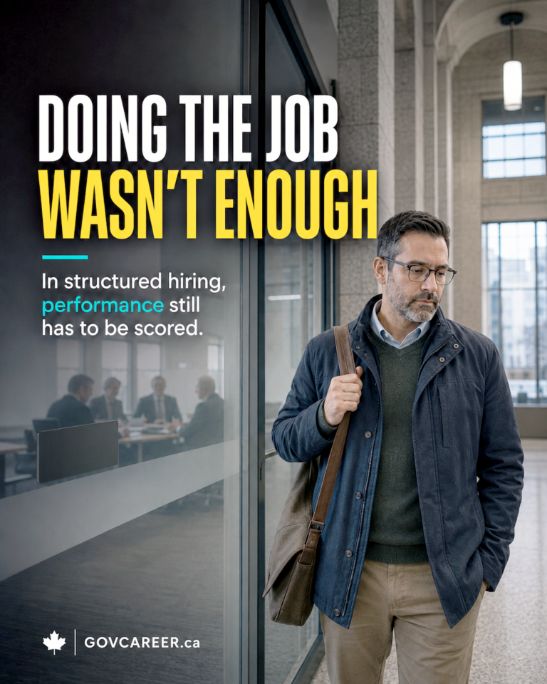 Photorealistic vertical GOVCAREER.ca image showing a mid-career professional standing in a modern Canadian public-sector corridor outside a glass meeting room after a difficult selection decision. Blurred panel members sit behind the glass, suggesting a structured hiring process where workplace performance still has to be converted into scored evidence. Large editorial text reads “DOING THE JOB WASN’T ENOUGH,” using yellow and teal highlights, followed by “In structured hiring, performance still has to be scored.” The image connects government jobs, public sector jobs, public-sector hiring, merit-based hiring, government job applications, screening criteria, resume tailoring, structured interviews, interview preparation, and public service careers in Canada, Ontario, Toronto, the GTA, and Ottawa. The mood is serious, credible, and professional, with GOVCAREER.ca branding in the lower corner. Generated by an AI tool.