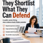graphic for GOVCAREER.ca showing a bright, modern public-sector office and boardroom environment with strong depth, perspective, large windows, a conference table, office chairs, and a professional woman reviewing stacks of application documents. The dominant dark headline reads, “They Shortlist What They Can Defend,” with the word “Defend” highlighted in a high-contrast burnt-orange accent. A supporting line explains that in public-sector hiring, clear evidence beats hidden potential. Four institutional-style icons emphasize that required experience must be obvious, scope and level must be clear, examples must match the posting, and the shortlist must be easy to justify. The image supports government jobs, public sector jobs, government resume writing, resume tailoring, screening criteria, merit-based hiring, structured hiring, job posting requirements, government job applications, public-sector careers, interview shortlisting, Canada jobs, Ontario jobs, Toronto jobs, Ottawa jobs, federal government jobs, provincial government jobs, and municipal jobs.