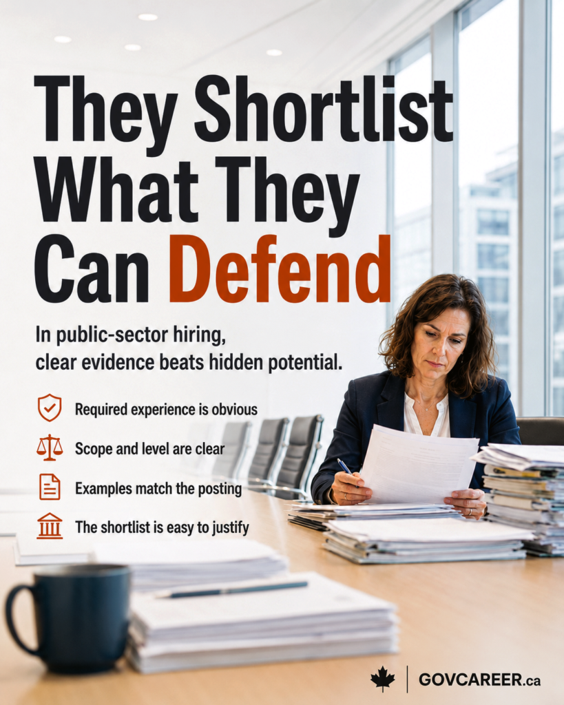 graphic for GOVCAREER.ca showing a bright, modern public-sector office and boardroom environment with strong depth, perspective, large windows, a conference table, office chairs, and a professional woman reviewing stacks of application documents. The dominant dark headline reads, “They Shortlist What They Can Defend,” with the word “Defend” highlighted in a high-contrast burnt-orange accent. A supporting line explains that in public-sector hiring, clear evidence beats hidden potential. Four institutional-style icons emphasize that required experience must be obvious, scope and level must be clear, examples must match the posting, and the shortlist must be easy to justify. The image supports government jobs, public sector jobs, government resume writing, resume tailoring, screening criteria, merit-based hiring, structured hiring, job posting requirements, government job applications, public-sector careers, interview shortlisting, Canada jobs, Ontario jobs, Toronto jobs, Ottawa jobs, federal government jobs, provincial government jobs, and municipal jobs.