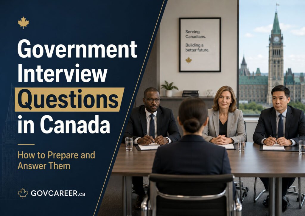 Government interview questions in Canada guide showing a structured panel interview and evidence-based public-sector interview preparation.