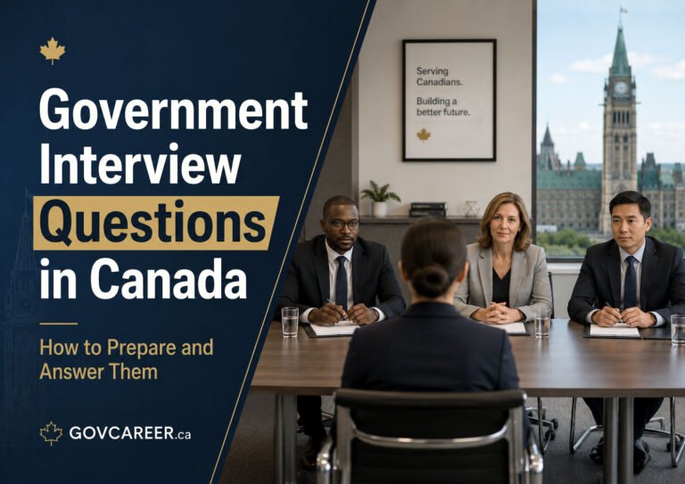 Government interview questions in Canada guide showing a structured panel interview and evidence-based public-sector interview preparation.