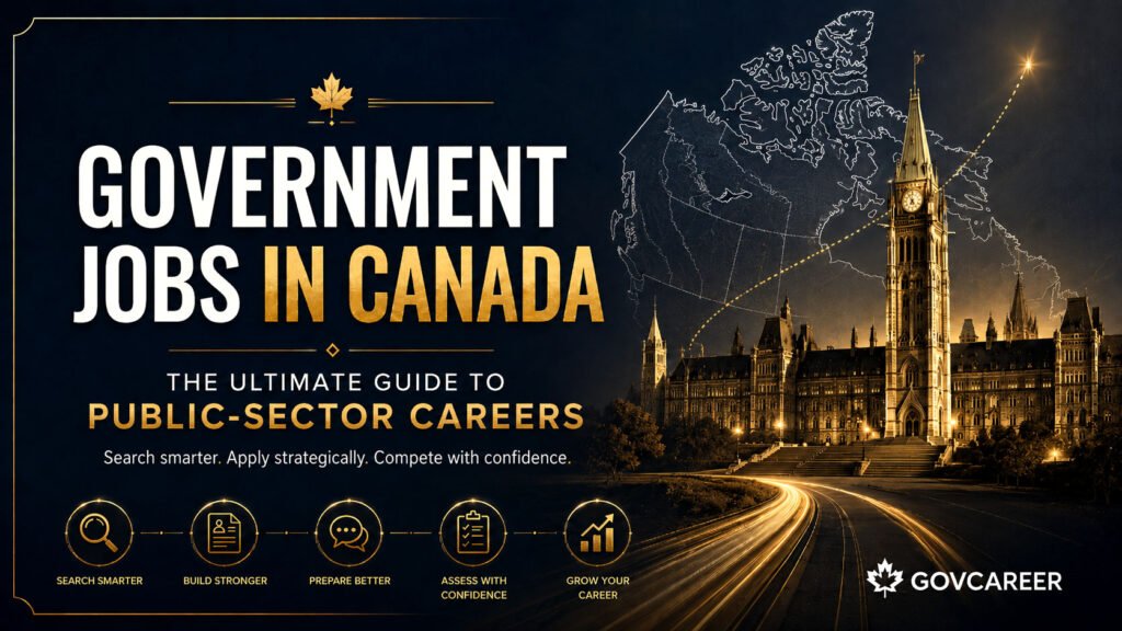 Government Jobs in Canada guide featuring Parliament, a white outline map of Canada, and a structured public-sector career pathway.