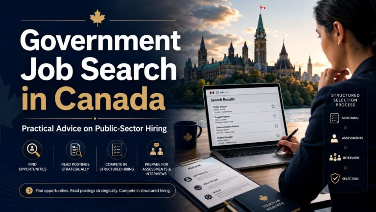 Government job search in Canada guide showing official portals, strategic targeting and selective public-sector applications.