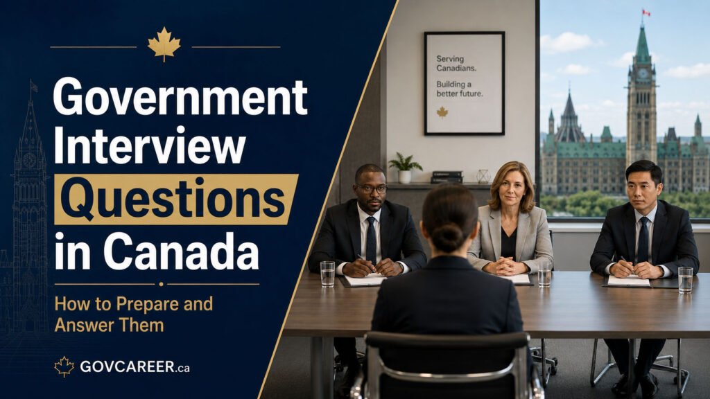 Government interview questions in Canada guide showing a candidate facing a structured three-person public-sector interview panel.