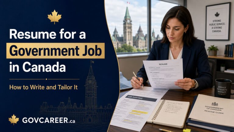 Resume for a government job in Canada guide showing a tailored resume, job posting analysis and qualification-focused application preparation.