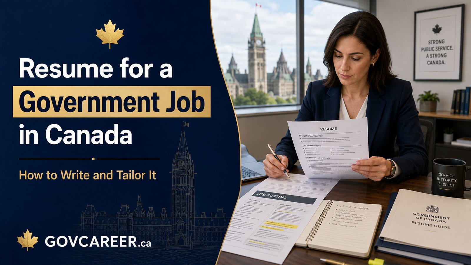 Resume for a government job in Canada guide showing a tailored resume, job posting analysis and qualification-focused application preparation.