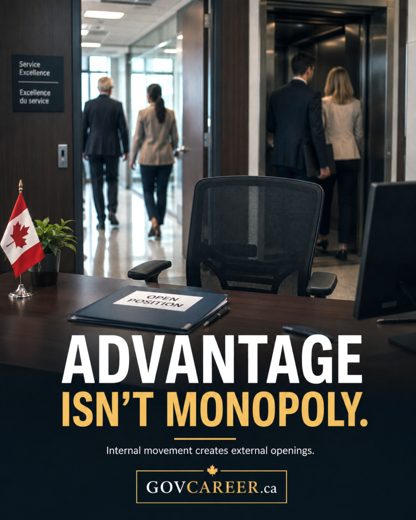 Image on teh topic: Government Jobs in Canada: Why “They Only Hire Internally” Is Mostly a Myth. By govcareer.ca--iamge genereated by AI tool.