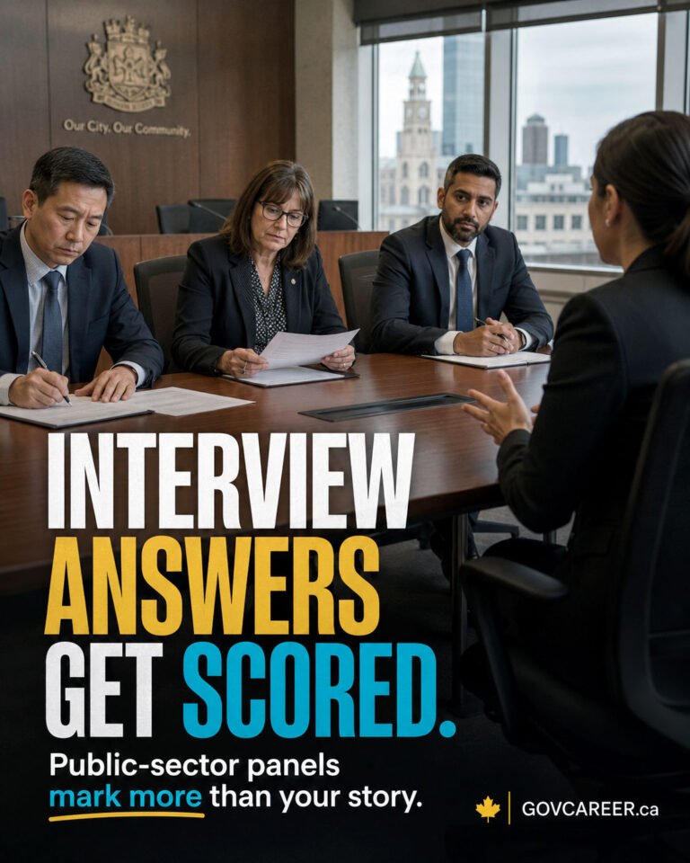 Vertical GOVCAREER editorial image illustrating government interview scoring in a structured public-sector interview. A professionally dressed candidate sits across from a three-person interview panel in a modern municipal-style boardroom, while printed notes and scoring materials suggest that each response is being assessed against defined criteria. Large headline text reads “INTERVIEW ANSWERS GET SCORED,” with a smaller line explaining that public-sector panels assess more than the candidate’s story. The scene supports the article Government Interview Scoring: What Public-Sector Panels Assess and reflects structured interviews, interview scoring criteria, public-sector hiring, municipal jobs, government jobs in Canada, interview preparation, candidate evaluation, communication, judgment, teamwork, public service values, accessibility, governance, documentation, escalation, and follow-up. A small GOVCAREER.ca brand stamp appears near the bottom. Generated by an AI tool.
