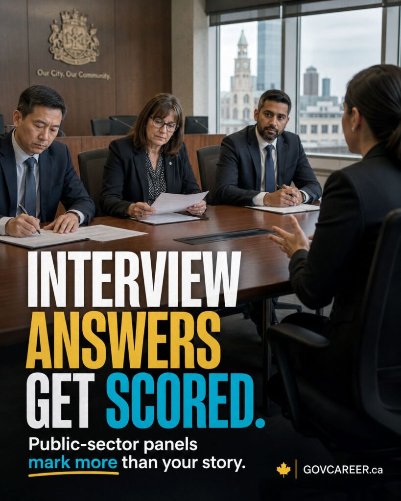 Vertical GOVCAREER editorial image illustrating government interview scoring in a structured public-sector interview. A professionally dressed candidate sits across from a three-person interview panel in a modern municipal-style boardroom, while printed notes and scoring materials suggest that each response is being assessed against defined criteria. Large headline text reads “INTERVIEW ANSWERS GET SCORED,” with a smaller line explaining that public-sector panels assess more than the candidate’s story. The scene supports the article Government Interview Scoring: What Public-Sector Panels Assess and reflects structured interviews, interview scoring criteria, public-sector hiring, municipal jobs, government jobs in Canada, interview preparation, candidate evaluation, communication, judgment, teamwork, public service values, accessibility, governance, documentation, escalation, and follow-up. A small GOVCAREER.ca brand stamp appears near the bottom. Generated by an AI tool.