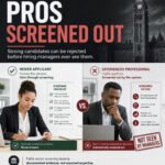 Vertical GOVCAREER image about public-sector hiring and government job application screening. A bold editorial headline reads “PROS SCREENED OUT,” with supporting text explaining that strong candidates can be rejected before hiring managers ever see them. The lower half compares two applicants. On the left, a newer applicant carefully completes a screening checklist and is shown moving forward because the required criteria, keywords, examples, quantified results, and clear structure are documented. On the right, an experienced Black professional sits at a laptop looking concerned while screening filters identify missing keywords, weak examples, unquantified results, and unclear documentation. A red stamp states “NOT SEEN BY MANAGERS.” The design reinforces that public-sector screening rewards documented evidence rather than assumed expertise and includes GOVCAREER.ca branding. Generated by an AI tool.