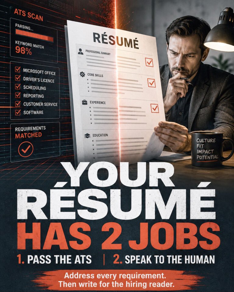 A dramatic vertical movie-poster-style image illustrates how to tailor your resume to a job posting for applicant tracking systems and human review. The composition is divided into two hiring environments. On the left, a dark red ATS interface shows parsing, keyword matching and recognized requirements such as Microsoft Office, a driver’s licence, scheduling, reporting, customer service and software. In the centre, a résumé document appears under a vertical scan line, with checked sections for professional summary, skills, experience and education. On the right, a focused hiring professional studies the résumé at a desk under a warm lamp. Large white and red text reads, “YOUR RÉSUMÉ HAS 2 JOBS,” followed by “1. PASS THE ATS” and “2. SPEAK TO THE HUMAN.” A lower banner states, “Address every requirement. Then write for the hiring reader.” The image supports resume tailoring, ATS resume keywords, job posting requirements and human-readable application evidence. Generated by an AI tool.