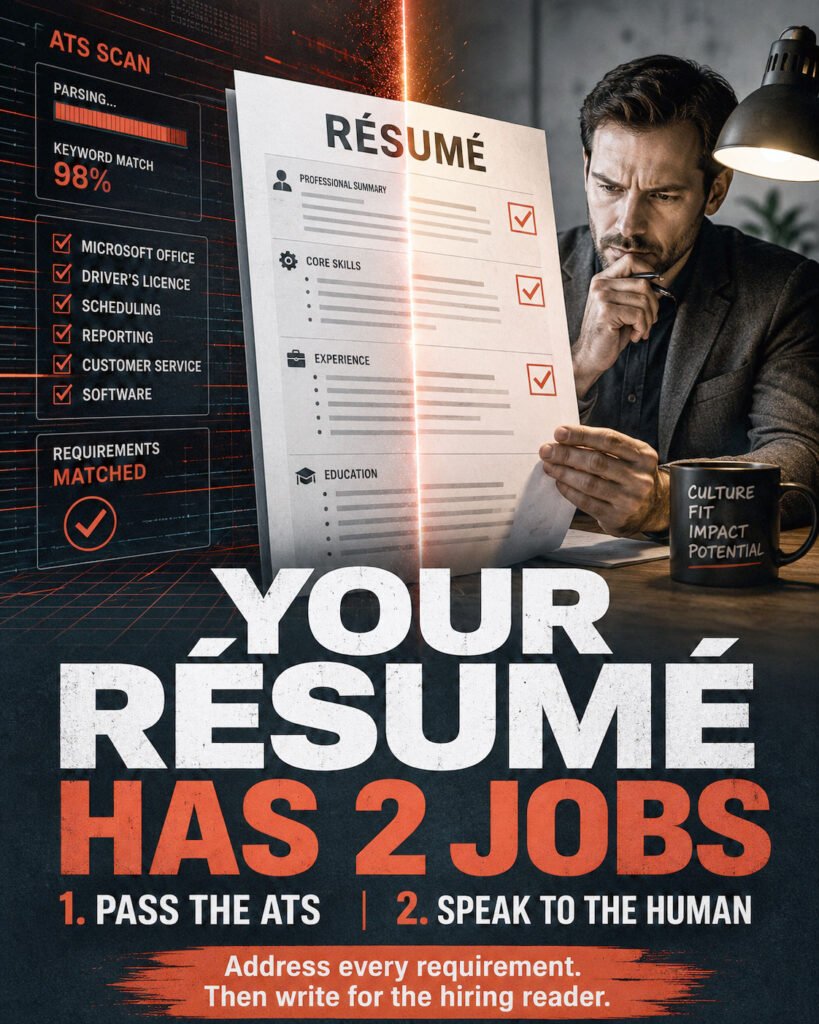 A dramatic vertical movie-poster-style image illustrates how to tailor your resume to a job posting for applicant tracking systems and human review. The composition is divided into two hiring environments. On the left, a dark red ATS interface shows parsing, keyword matching and recognized requirements such as Microsoft Office, a driver’s licence, scheduling, reporting, customer service and software. In the centre, a résumé document appears under a vertical scan line, with checked sections for professional summary, skills, experience and education. On the right, a focused hiring professional studies the résumé at a desk under a warm lamp. Large white and red text reads, “YOUR RÉSUMÉ HAS 2 JOBS,” followed by “1. PASS THE ATS” and “2. SPEAK TO THE HUMAN.” A lower banner states, “Address every requirement. Then write for the hiring reader.” The image supports resume tailoring, ATS resume keywords, job posting requirements and human-readable application evidence. Generated by an AI tool.