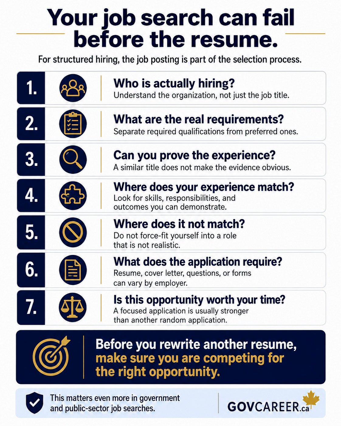 Infographic for GOVCAREER about how to read a government job posting before applying. The image shows a large clipboard with seven checks for government and public-sector job seekers: identify who is hiring, separate required qualifications from preferred or additional ones, confirm that you can prove the requested experience, map where your background matches, recognize important gaps, review the exact application requirements, and decide whether the opportunity is worth your time. A laptop beside the checklist displays a government jobs search screen, while Canadian visual cues reinforce the Canada public-sector career context. The image supports government job search strategy, qualification alignment, screening criteria, government job applications, resume tailoring and structured hiring by emphasizing that a focused application starts with choosing the right opportunity and understanding the employer's requirements. Generated by an AI tool.