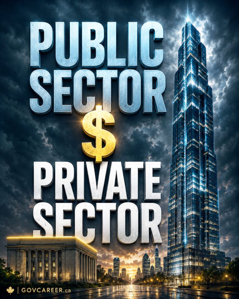 A vertical GOVCAREER infographic compares public- and private-sector compensation in Canada against a split cityscape. Large white text asks “WHO PAYS MORE?” with a gold banner stating that the answer depends on where you are in your career. On the left, a government-style building with a Canadian flag represents the public sector, with callouts for competitive pay, strong pensions, benefits and stability. On the right, modern glass towers represent the private sector, with callouts for higher upside, bigger pay potential, variable compensation and greater earning power. A gold dollar sign divides the two sides. Lower panels contrast public-sector experience and foundations with private-sector growth and financial potential, then ask readers to weigh salary, pension and benefits, stability, experience and long-term earning potential. The image supports public sector vs private sector pay in Canada by showing how career level and priorities shape comparison. Generated by an AI tool.