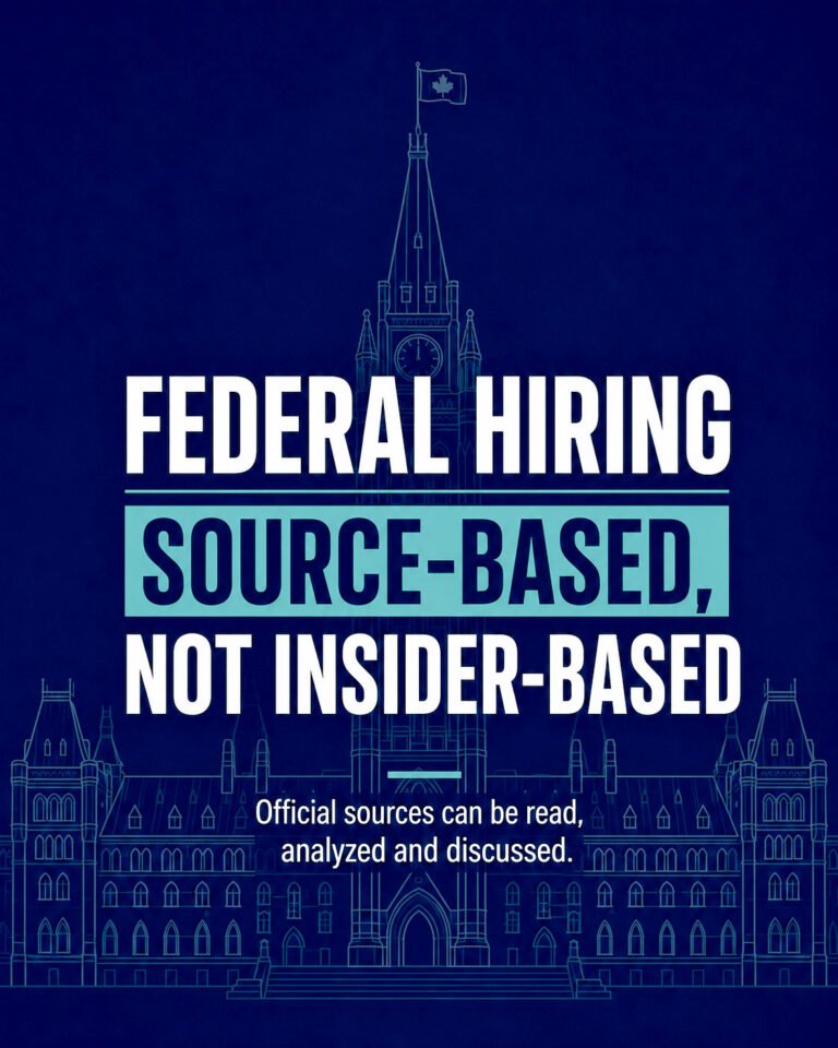 Vertical editorial image for an article about the Government of Canada hiring process. A dark navy background features a clean line-art outline of Parliament Hill and the Peace Tower, creating a clear federal public-service context without official government logos or employer branding. Large centred text reads “Federal Hiring: Source-Based, Not Insider-Based,” with “Source-Based” highlighted in teal. A smaller line states that official sources can be read, analyzed and discussed. The image represents GOVCAREER’s approach to federal hiring information: using current public Government of Canada sources, recognizing their scope and limits, and avoiding claims of insider access or federal hiring authority. It connects to GC Jobs, federal public-service hiring, qualifications, screening, assessments, pools and appointments while reinforcing that applicants should verify rules through the actual job advertisement and responsible federal organization. Generated by an AI tool.