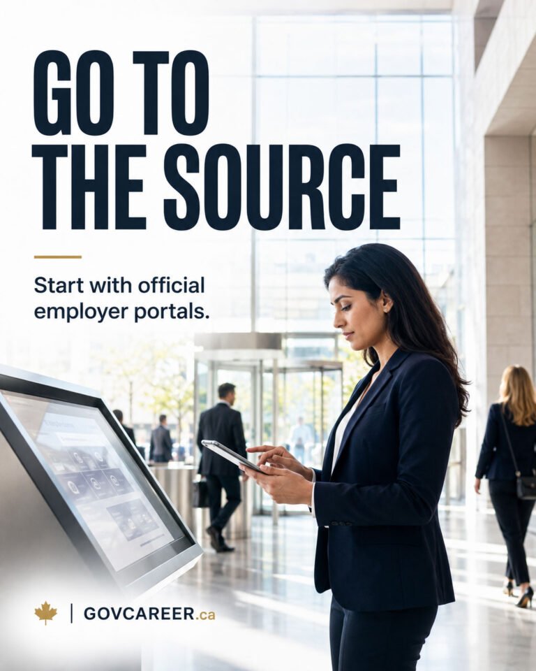 A vertical GOVCAREER blog image illustrating a targeted job search strategy for government and public-sector careers in Canada. A focused professional stands before a structured wall of official employer career portals, organized application targets, and clearly marked job opportunities, while scattered generic job-board listings fade into the background. The composition emphasizes control, planning, and deliberate employer selection rather than mass applications. Visual details suggest government jobs, public sector jobs, official career websites, screening criteria, résumé tailoring, job posting requirements, and structured hiring in Canada, Ontario, Ottawa, Toronto, and the GTA. The image supports the article’s message that candidates should identify suitable employers, monitor official portals, study qualifications, and submit evidence-based applications instead of relying on chance, recruiters, or broad résumé distribution. Generated by an AI tool.