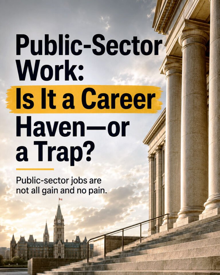 Vertical LinkedIn image about public-sector careers in Canada, showing broad stone steps and tall institutional columns leading toward a large civic building, with Parliament visible in the distance under a dramatic sky. Large navy headline text asks, “Public-Sector Work: Is It a Career Haven—or a Trap?” with a yellow highlight behind part of the question. A smaller line states that public-sector jobs are not all gain and no pain. The image represents the tension between the attractive side of government jobs—such as compensation, pensions, benefits and relative stability—and the additional responsibilities, procedures, constraints and institutional demands that can come with working inside a public institution. It supports a GOVCAREER discussion about public sector jobs, government careers, career fit and making an informed decision before pursuing public-service employment. Generated by an AI tool.