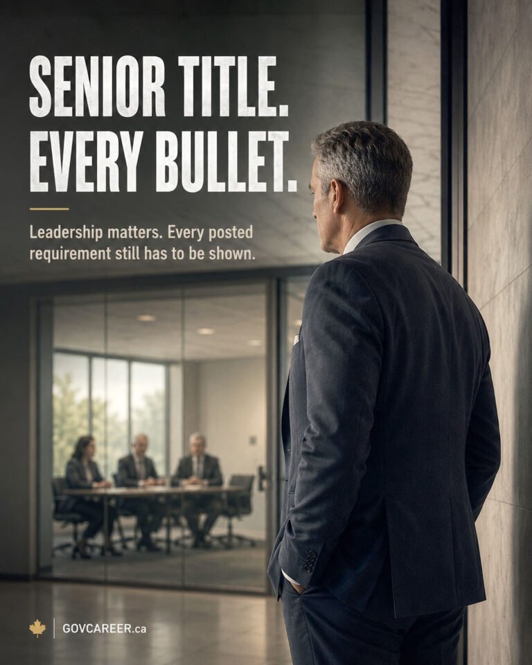 A vertical editorial-style image shows a senior executive candidate seated at one end of a formal interview table while three blurred panel members sit opposite, creating a sense of structured assessment. The candidate appears composed and experienced, but a narrow beam of light isolates unreadable interview notes between the two sides, suggesting that reputation and title are not enough without visible evidence. A modern institutional office with glass walls and restrained Canadian workplace cues reinforces the government and public-sector setting without official logos or employer branding. The composition supports public sector executive interview preparation by emphasizing leadership evidence, structured interviews, qualification alignment, executive judgment, stakeholder management, and interview scoring. The image reflects the GOVCAREER principle that senior candidates must prove both executive-level value and the specific competencies being assessed. Generated by an AI tool.