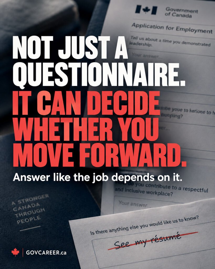 Typography-led GOVCAREER graphic about GC Jobs screening questions, with large text stating that the questionnaire can determine whether an applicant moves forward and a crossed-out “See my résumé” response over a photographic application-form background.