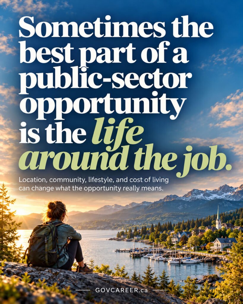 GOVCAREER graphic about whether to relocate for a government job, with large text reading, “Sometimes the best part of a public-sector opportunity is the life around the job.” A person overlooks a waterfront community, marina and mountains at sunset.