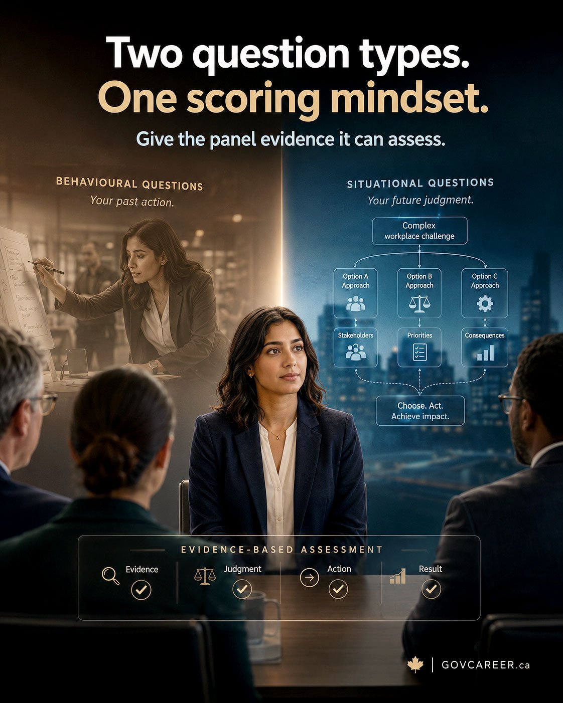 Situational vs behavioral interview questions in government jobs shown as two different answer types leading to one evidence-based scoring mindset in a structured public-sector interview.