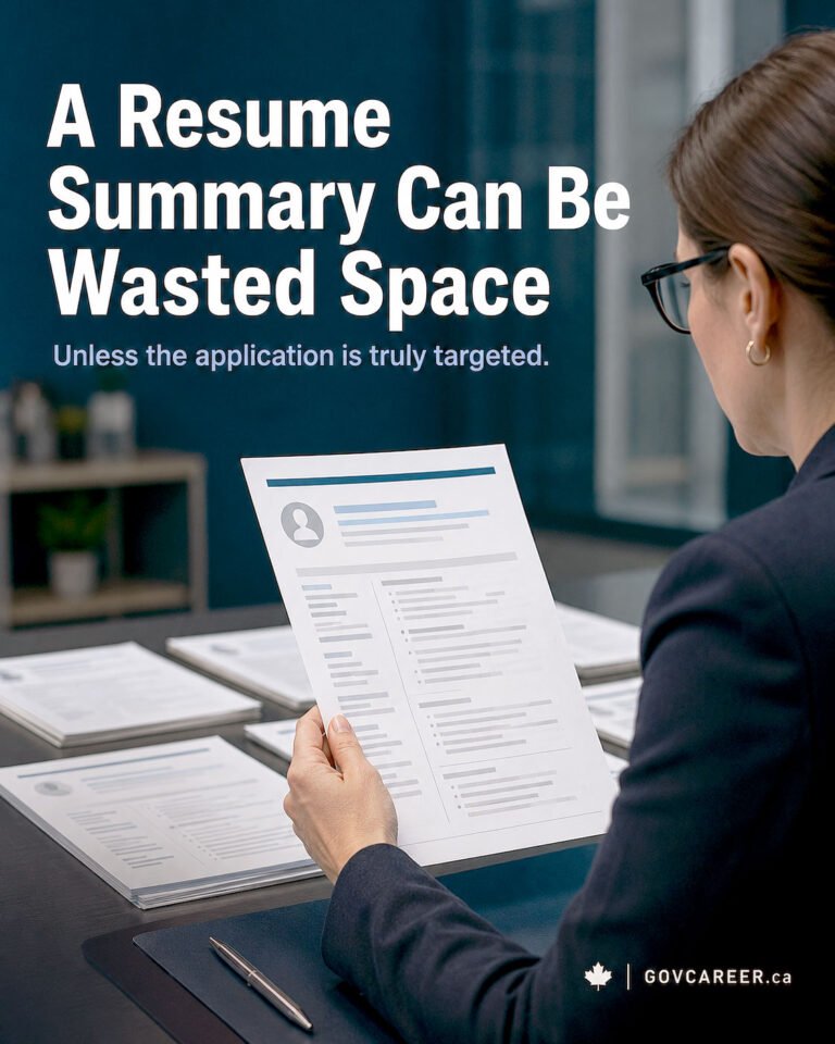 A dark GOVCAREER image shows a hand selecting one highlighted application packet from several similar folders spread across a screening table. Large text reads Most Resume Summaries Are Filler, with the subheadline A targeted application is the exception. The highlighted file represents a targeted resume summary for government jobs that quickly connects relevant experience to one specific opportunity, while the surrounding folders represent generic applications that fail to differentiate the candidate. The scene reinforces GOVCAREER guidance on government resumes, resume tailoring, qualification alignment, screening and shortlisting, public-sector hiring, and government job applications. A clipped summary card on the selected packet suggests a concise opening that helps the reader understand professional fit without replacing the evidence required elsewhere in the resume. Generated by an AI tool.