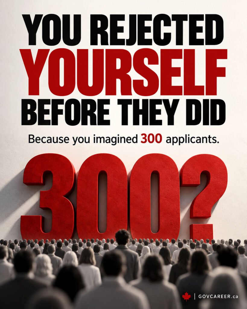 Vertical GOVCAREER graphic supporting the question “how competitive are government jobs in Canada,” with the headline “YOU REJECTED YOURSELF BEFORE THEY DID” above “Because you imagined 300 applicants.” A large red “300?” towers over a crowd of job seekers, representing self-rejection caused by assuming overwhelming government job competition before applying. The visual connects to government jobs, public-sector jobs, government job applications, applicant screening, screening criteria, qualification requirements, resume tailoring, qualification alignment, structured hiring and public service careers in Canada. It reinforces the idea that an imagined applicant count should not replace reading the job posting, checking whether you qualify and submitting a properly tailored application.