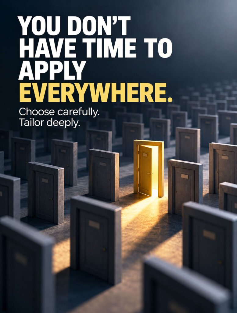 GOVCAREER image about government job search while working full time, showing a hand selecting one highlighted job opportunity from many options on a desk beneath the headline: “Working full time? Stop treating your government job search like a numbers game.”